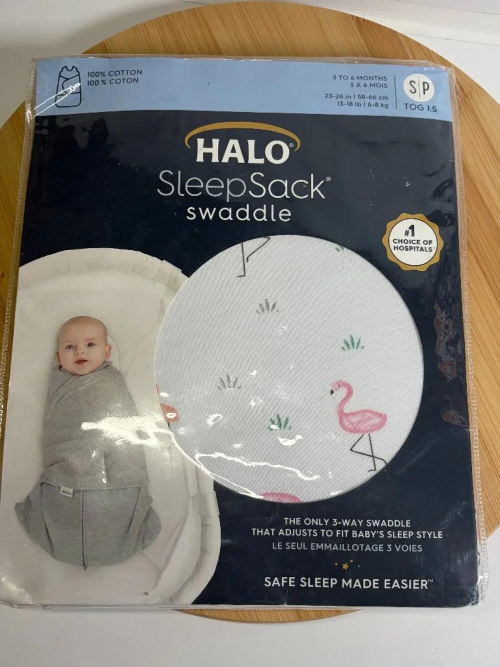 Halo Sleep Sack Swaddle Small 3-6 Month White Pink Flamingo 1.5 TOG Cotton
